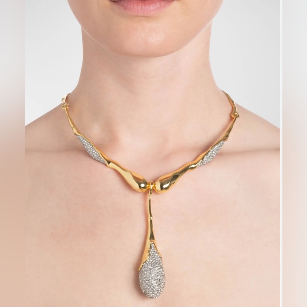 Alexis Bittar Solanales Crystal Teardrop Molten Collar Necklace Goldtone CZ